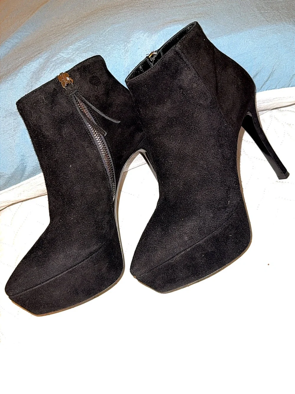 Miu Miu Black Suede Platform Ankle Booties with Gold Zip